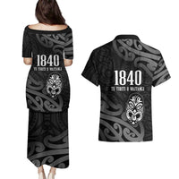 New Zealand 1840 Waitangi Day Couples Matching Puletasi and Hawaiian Shirt Aotearoa Haka Mask - Black Version