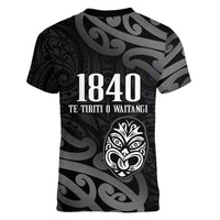 New Zealand 1840 Waitangi Day Women V-Neck T-Shirt Aotearoa Haka Mask - Black Version