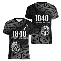 New Zealand 1840 Waitangi Day Women V-Neck T-Shirt Aotearoa Haka Mask - Black Version