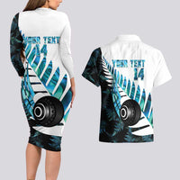 New Zealand Lawn Bowls Custom Couples Matching Long Sleeve Bodycon Dress and Hawaiian Shirt Aotearoa Silver Fern Paua Shell - Polynesian Pride