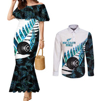 New Zealand Lawn Bowls Custom Couples Matching Mermaid Dress and Long Sleeve Button Shirt Aotearoa Silver Fern Paua Shell - Polynesian Pride