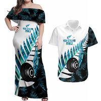 New Zealand Lawn Bowls Custom Couples Matching Off Shoulder Maxi Dress and Hawaiian Shirt Aotearoa Silver Fern Paua Shell - Polynesian Pride