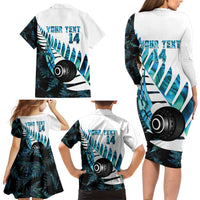 New Zealand Lawn Bowls Custom Family Matching Long Sleeve Bodycon Dress and Hawaiian Shirt Aotearoa Silver Fern Paua Shell - Polynesian Pride