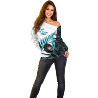New Zealand Lawn Bowls Custom Off Shoulder Sweater Aotearoa Silver Fern Paua Shell - Polynesian Pride