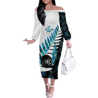 New Zealand Lawn Bowls Custom Off The Shoulder Long Sleeve Dress Aotearoa Silver Fern Paua Shell - Polynesian Pride