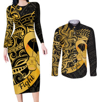 Polynesia Bone Cancer Awareness Couples Matching Long Sleeve Bodycon Dress and Long Sleeve Button Shirt Fight Warriors