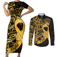 Polynesia Bone Cancer Awareness Couples Matching Short Sleeve Bodycon Dress and Long Sleeve Button Shirt Fight Warriors