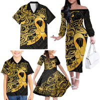 Polynesia Bone Cancer Awareness Family Matching Off The Shoulder Long Sleeve Dress and Hawaiian Shirt Fight Warriors