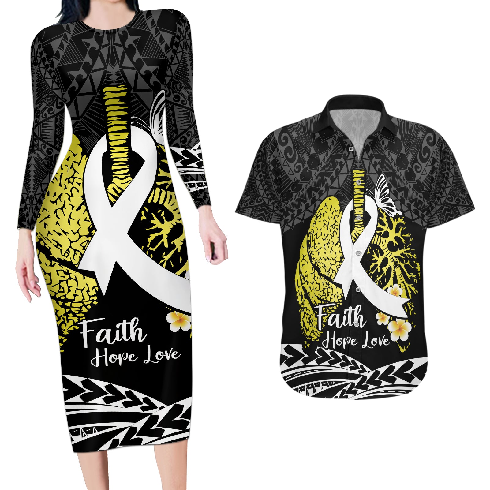 Personalised Polynesia World Lung Cancer Day Couples Matching Long Sleeve Bodycon Dress and Hawaiian Shirt Faith Hope Love