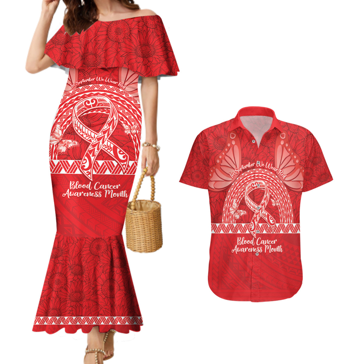 Personalised In September We Wear Red Couples Matching Mermaid Dress and Hawaiian Shirt Polynesia Blood Cancer Awareness