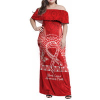 Personalised In September We Wear Red Family Matching Off Shoulder Maxi Dress and Hawaiian Shirt Polynesia Blood Cancer Awareness