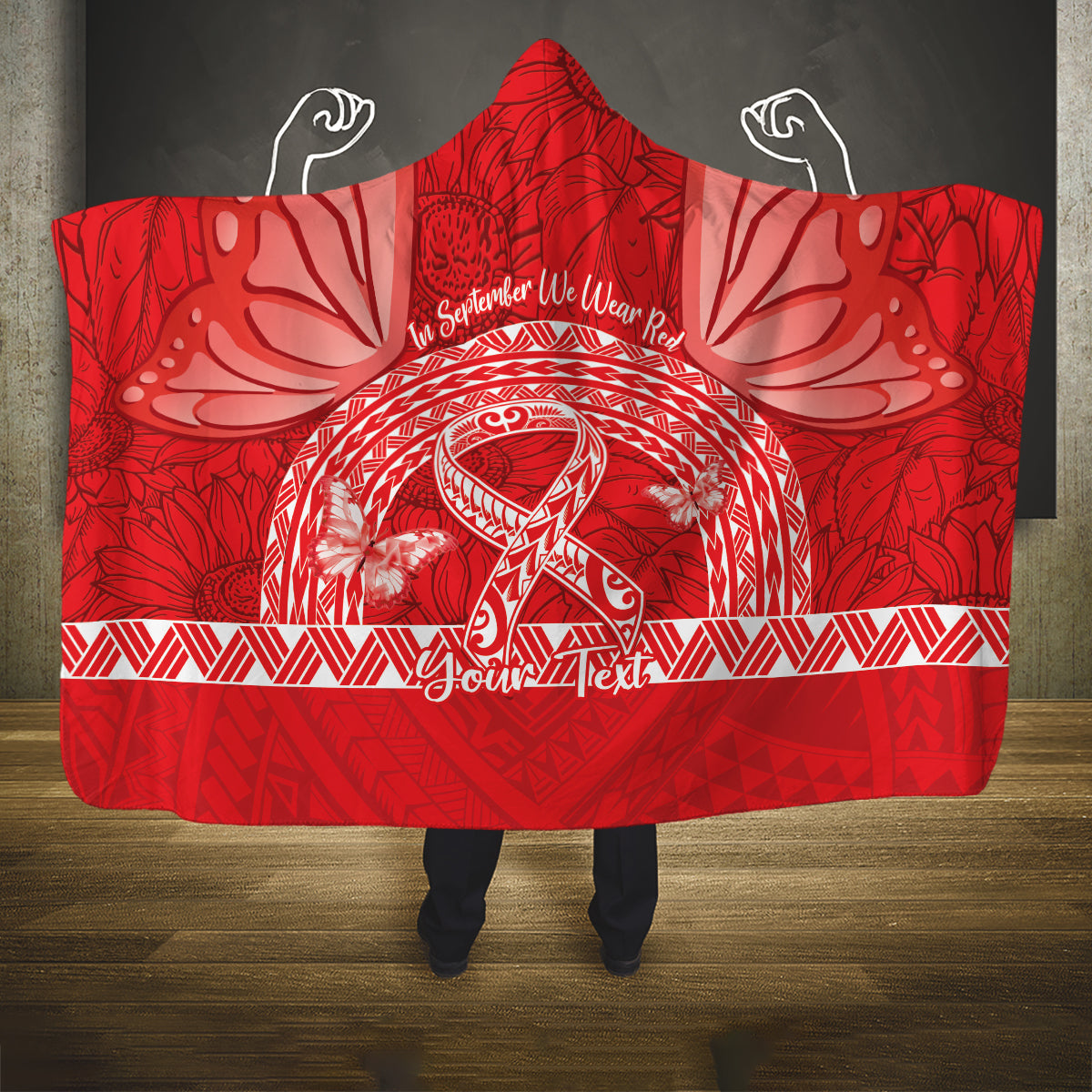 Personalised In September We Wear Red Hooded Blanket Polynesia Blood Cancer Awareness