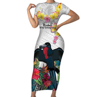Kiribati Independence Day Short Sleeve Bodycon Dress Frigatebird Mix Tropical Flowers - White Style LT14 Long Dress White - Polynesian Pride