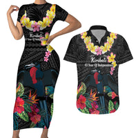 Kiribati Independence Day Couples Matching Short Sleeve Bodycon Dress and Hawaiian Shirt Frigatebird Mix Tropical Flowers - Black Style