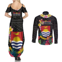 Kiribati Independence Day Couples Matching Summer Maxi Dress and Long Sleeve Button Shirt Frigatebird Mix Tropical Flowers - Black Style LT14 - Polynesian Pride