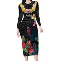 Kiribati Independence Day Family Matching Long Sleeve Bodycon Dress and Hawaiian Shirt Frigatebird Mix Tropical Flowers - Black Style