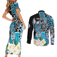Personalised Guam Liberation Day Couples Matching Short Sleeve Bodycon Dress and Long Sleeve Button Shirt Chamorro Latte Stone With Guasali Flowers