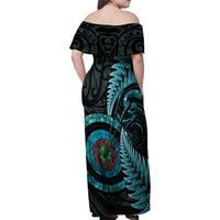 New Zealand Archery Family Matching Off Shoulder Maxi Dress and Hawaiian Shirt Aotearoa Silver Fern Maori - Polynesian Pride