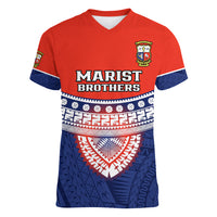 Fiji School Women V Neck T Shirt Marist Brothers Fijian Tapa Pattern LT14 Female Blue - Polynesian Pride