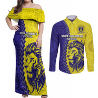 Fiji School Couples Matching Off Shoulder Maxi Dress and Long Sleeve Button Shirts Suva Grammar Lions With Fijian Tapa LT14 Gold - Polynesian Pride