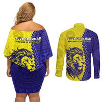 Fiji School Couples Matching Off Shoulder Short Dress and Long Sleeve Button Shirts Suva Grammar Lions With Fijian Tapa LT14 - Polynesian Pride