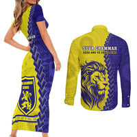 Fiji School Couples Matching Short Sleeve Bodycon Dress and Long Sleeve Button Shirts Suva Grammar Lions With Fijian Tapa LT14 - Polynesian Pride