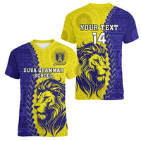 Custom Fiji School Women V Neck T Shirt Suva Grammar Lions With Fijian Tapa LT14 - Polynesian Pride
