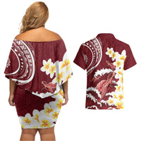 Blood Gold Polynesia Couples Matching Off Shoulder Short Dress and Hawaiian Shirt Polynesian Frangipani With Sea Turtles