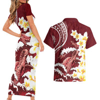 Blood Gold Polynesia Couples Matching Short Sleeve Bodycon Dress and Hawaiian Shirt Polynesian Frangipani With Sea Turtles