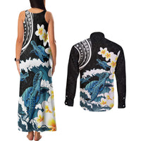 Black Polynesia Couples Matching Tank Maxi Dress and Long Sleeve Button Shirt Polynesian Frangipani With Sea Turtles