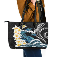 Black Polynesia Leather Tote Bag Polynesian Frangipani With Sea Turtles