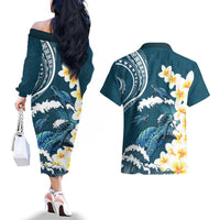 Dark Teal Polynesia Couples Matching Off The Shoulder Long Sleeve Dress and Hawaiian Shirt Polynesian Frangipani With Sea Turtles