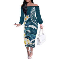 Dark Teal Polynesia Family Matching Off The Shoulder Long Sleeve Dress and Hawaiian Shirt Polynesian Frangipani With Sea Turtles