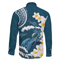 Dark Teal Polynesia Family Matching Tank Maxi Dress and Hawaiian Shirt Polynesian Frangipani With Sea Turtles