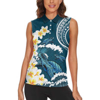 Dark Teal Polynesia Women Sleeveless Polo Shirt Polynesian Frangipani With Sea Turtles