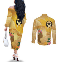 Polynesia Childhood Cancer Awareness Couples Matching Off The Shoulder Long Sleeve Dress and Long Sleeve Button Shirt Be Bold Go Gold Polynesian Art
