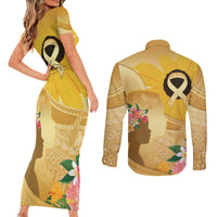 Polynesia Childhood Cancer Awareness Couples Matching Short Sleeve Bodycon Dress and Long Sleeve Button Shirt Be Bold Go Gold Polynesian Art
