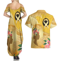 Polynesia Childhood Cancer Awareness Couples Matching Summer Maxi Dress and Hawaiian Shirt Be Bold Go Gold Polynesian Art