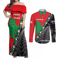 New Zealand And Lebanon Couples Matching Off Shoulder Maxi Dress and Long Sleeve Button Shirts Silver Fern Maori With Cedar Tree Together LT14 Red - Polynesian Pride