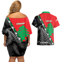 New Zealand And Lebanon Couples Matching Off Shoulder Short Dress and Hawaiian Shirt Silver Fern Maori With Cedar Tree Together LT14 - Polynesian Pride