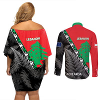 New Zealand And Lebanon Couples Matching Off Shoulder Short Dress and Long Sleeve Button Shirts Silver Fern Maori With Cedar Tree Together LT14 - Polynesian Pride