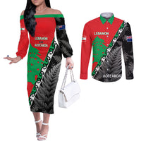 New Zealand And Lebanon Couples Matching Off The Shoulder Long Sleeve Dress and Long Sleeve Button Shirts Silver Fern Maori With Cedar Tree Together LT14 Red - Polynesian Pride