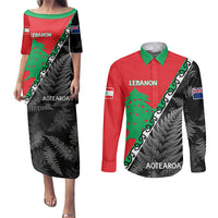 New Zealand And Lebanon Couples Matching Puletasi Dress and Long Sleeve Button Shirts Silver Fern Maori With Cedar Tree Together LT14 Red - Polynesian Pride