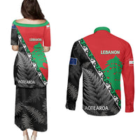 New Zealand And Lebanon Couples Matching Puletasi Dress and Long Sleeve Button Shirts Silver Fern Maori With Cedar Tree Together LT14 - Polynesian Pride