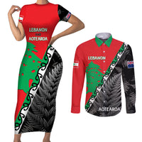 New Zealand And Lebanon Couples Matching Short Sleeve Bodycon Dress and Long Sleeve Button Shirts Silver Fern Maori With Cedar Tree Together LT14 Red - Polynesian Pride