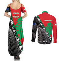 New Zealand And Lebanon Couples Matching Summer Maxi Dress and Long Sleeve Button Shirts Silver Fern Maori With Cedar Tree Together LT14 - Polynesian Pride