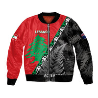 New Zealand And Lebanon Sleeve Zip Bomber Jacket Silver Fern Maori With Cedar Tree Together LT14 Unisex Red - Polynesian Pride