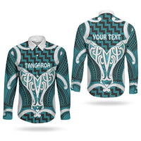 Aotearoa Atua Tangaroa Personalised Couples Matching Off Shoulder Maxi Dress and Long Sleeve Button Shirt God Of The Sea Maori Whale Tail Cyan