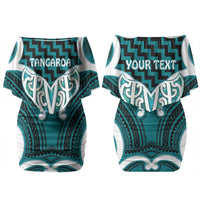 Aotearoa Atua Tangaroa Personalised Couples Matching Off Shoulder Short Dress and Long Sleeve Button Shirt God Of The Sea Maori Whale Tail Cyan