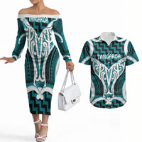 Aotearoa Atua Tangaroa Personalised Couples Matching Off The Shoulder Long Sleeve Dress and Hawaiian Shirt God Of The Sea Maori Whale Tail Cyan